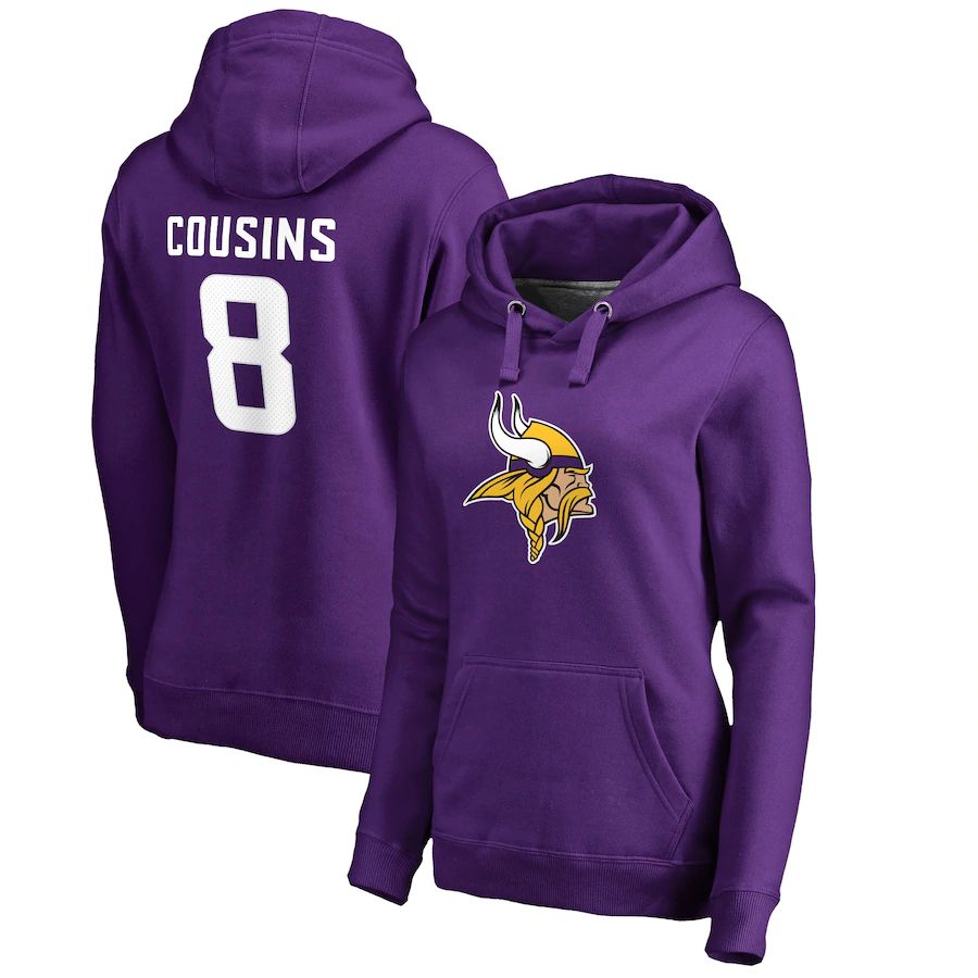 Women Minnesota Vikings 8 Kirk Cousins NFL Pro Line by Fanatics Branded Purple Team Logo Player Icon Name & Number Pullover Hoodie